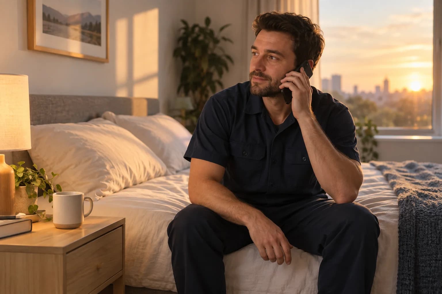 An early-shift worker answering a wake-up call at sunrise